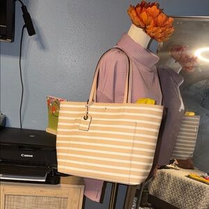 kate spade Beige and White Striped Tote Bag